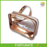 GOLD VINYL PVC TRAVEL COSMETIC PACKAGING BAG WITH ZIPPER AND HANDLE