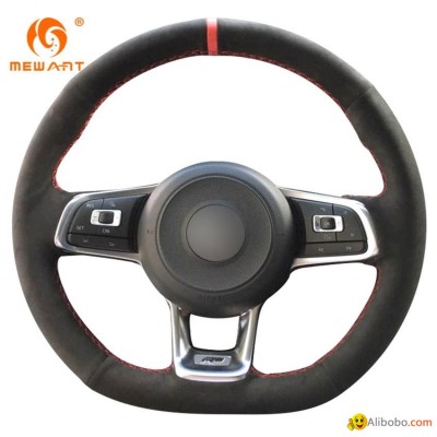 Hand Sewing Stitched Suede Steering Wheel Cover Red Strip for Volkswagen Golf 7picture1