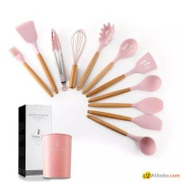 12 Piece Silicone Kitchenware Set with Wooden Handle and Storage Bucket