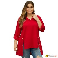 Women V Neck Tab Roll Up Sleeve Slits Plus Size Top