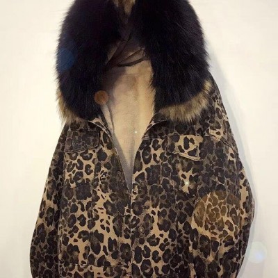 Lamb hair denim jacket women add velvet thickening winter Korean leopard print spicture1