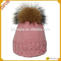 2014 hot sale real fur ball hat top with knitted merino wool