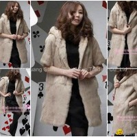 Women's Rabbit Fur Vest Coats Fur Jacket With Cap Apricot 1Z