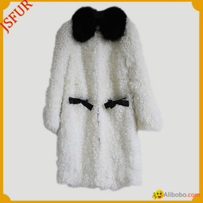 2015 hot style winter white women elegant black fox collar warm sheep fur coatspicture1