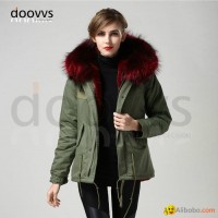 wine red big raccoon fur collar women fur parka