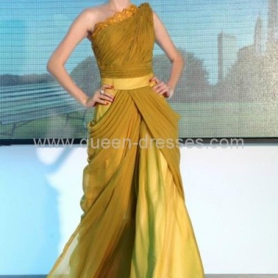 High quality laces draped Sweep-Floor length One-Shoulder Celebrity Dresspicture1