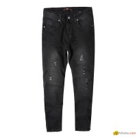 Mens fashion black ripped denim jeans with zipper at ancle