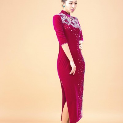 chinese tradtional velvet cheongsam long sleeve dress party dresspicture1