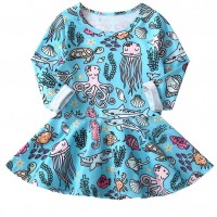 Spring Baby Little Girl Cartoon Underwater World Long-Sleeved Casual Dress