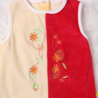 Sleeveless Velvet baby romper with feet Red& Yellow Spliced Romper