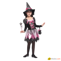 Kid Girls Halloween Witch Costume Printed Carnival Cosplay Dress with Pointed Ha