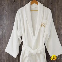 Shawl collar bathrobe 100% cotton white robe with embroidery