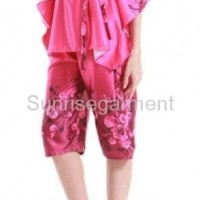 Lady short sleeves flower printed satin pajama