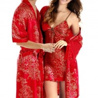 Male silk sleepwear short-sleeve robe plus size red lounge lovers sleepwear