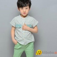 wholesale fashion boy shirts band collar short sleeve checks shirts for children