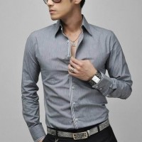 Wholesale Men's plus Size Chic Striped Edge Long Sleeve Grey Shirt