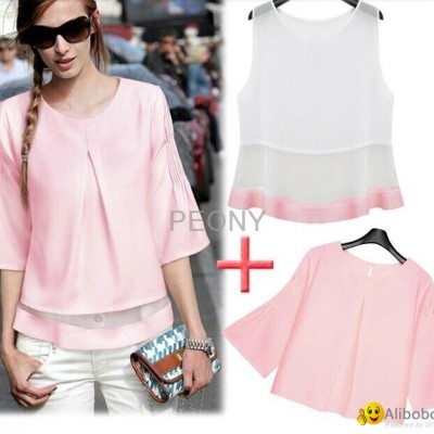 2014 temperament cute babydoll tops fold Sleeve Two-piece vestpicture1