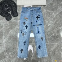 chrome hearts jeans Men Cross Leather Stitch Denim Jean