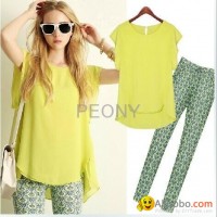 2014 summer round neck T-shirt Slim flounced chiffon print pencil pants suit