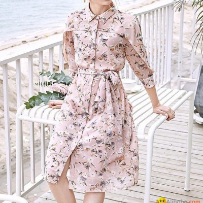 Floral print button up shirt dress with beltpicture1