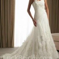 A Line One Shoulder Wedding Dress Appliques Organza Satin Bridal Dress