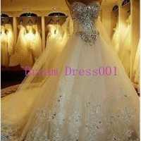 2014 New Custom Made Ivory White Lace Beading Diamond Wedding Dress