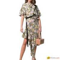 Ruffle Sleeve Asymmetrical Hem Flounce Floral Printed Midi Shirt Dress with Butt