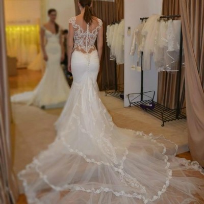 Mermaid Wedding Dresses Sheer Lace Bodice Galiala 2017 Bridal Wedding Gowns H157picture1