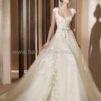 A-Line Cap Sleeve Lace Taffeta Wedding Dress