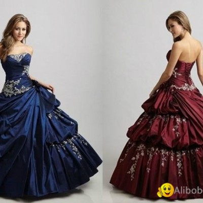 Strapless Applique Beaded Ruffled BlueTaffte Quincenera Dress Ball Gown Q303picture1