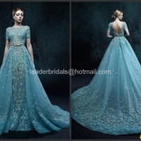 A-line 2017 Prom Dresses Blue Beads Lace Sheer Pageant Party Evening Gowns 2017