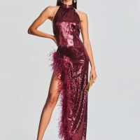 Sexy Halter Luxury Feather Sequin Long Dress Women Wine Red Sleeveless Backless