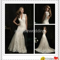 Latest Designs Elegant White V Neck Floor Length Backless Lace Wedding Gown