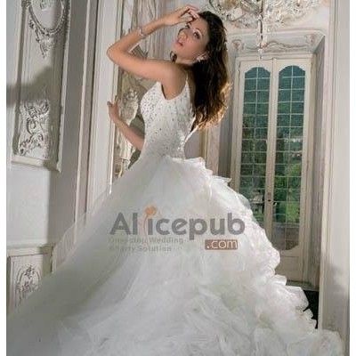 2011 Custom Tulle Beaded Ruffle Spaghetti Strap Wedding Dress Gownpicture1