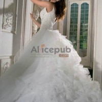 2011 Custom Tulle Beaded Ruffle Spaghetti Strap Wedding Dress Gown