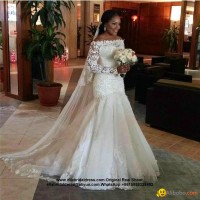 Off Shoulder Fulle Sleeved Mermaid Satin Lace Bridal Gown HS1705