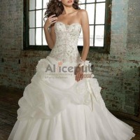 Chiffon Pick up A line Gown with Beaded and Lace Bodice Wedding Dress