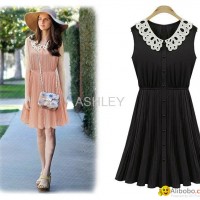 2013 new summer sleeveless chiffon dress with lace collar and waist pleater