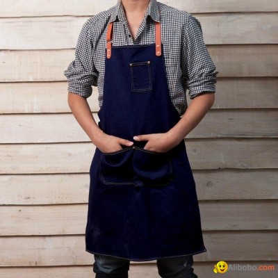 wholesale high quality denim black heavy custom apron with leather strappicture1