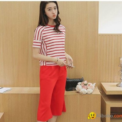 2017 New Summer Short-sleeved T-shirt Suit  Slim Round Neck Stripes Two Setspicture1