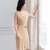 Women summer Office V-neck button cap sleeve slit Knitting Dress with waistband