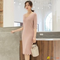 Women Half-Sleeve Waves sealloped Collar Slip Dress