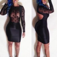 Dot Flock Mesh Panel Bandage Bodycon Dress